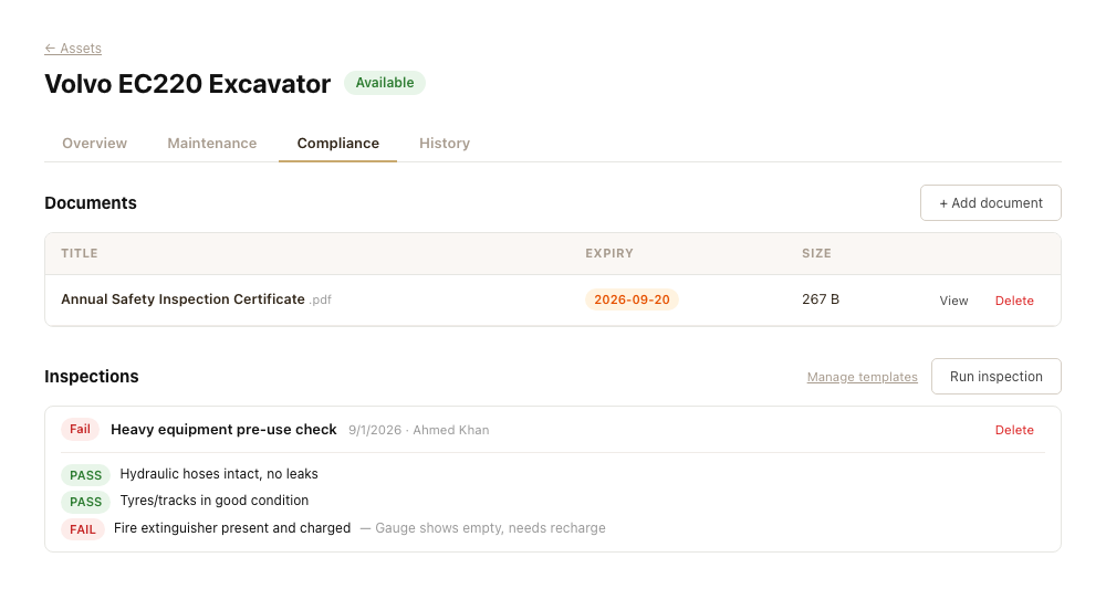 The Compliance tab, with a document and a completed inspection expanded to show item results