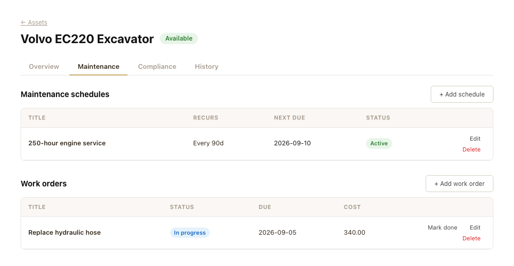 The Maintenance tab, showing a recurring schedule and a linked work order