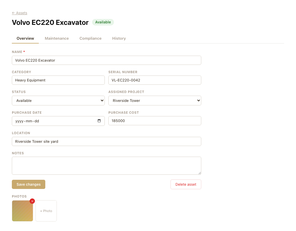 An asset's Overview tab, with fields and an attached photo