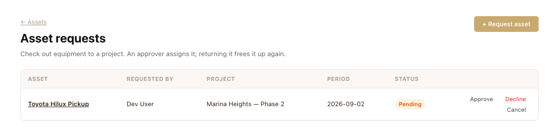 The Asset requests page, showing a pending request with Approve, Decline, and Cancel actions