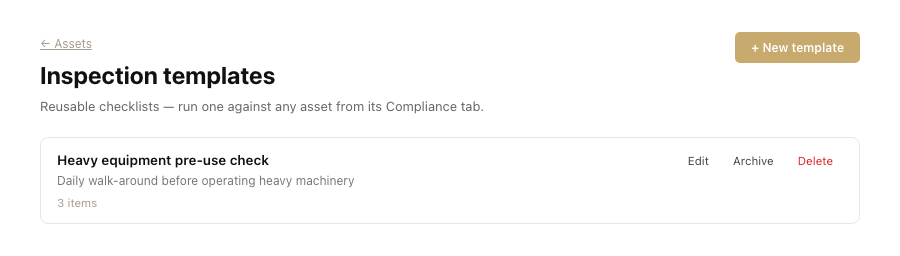 The Inspection templates page, with one template and its item count