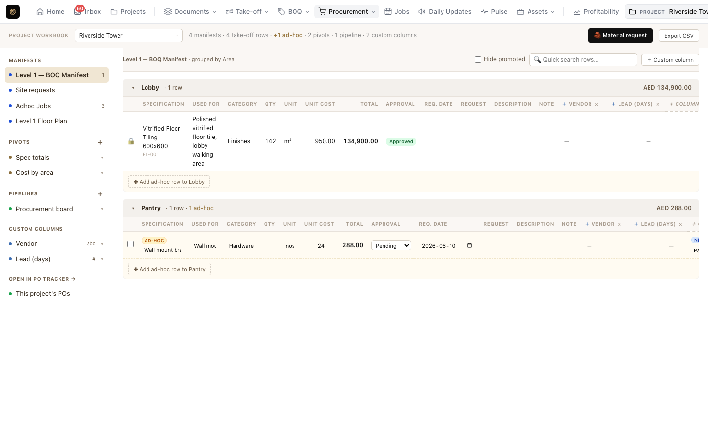 Procurement manifest with material requests promoted into purchase orders