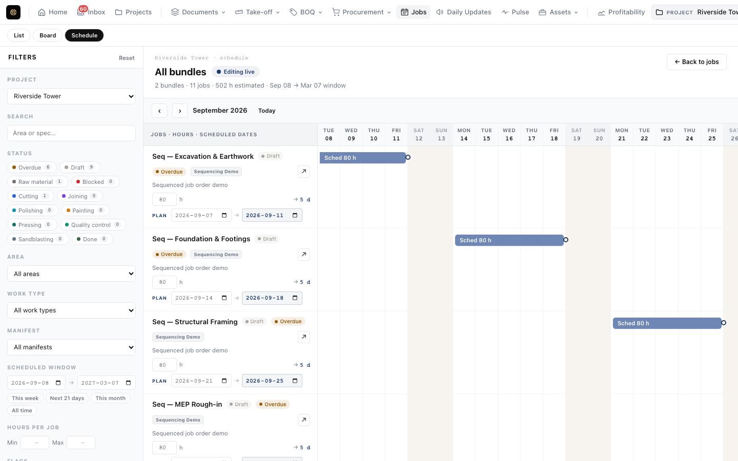 Jobs schedule Gantt chart with dependencies between job orders